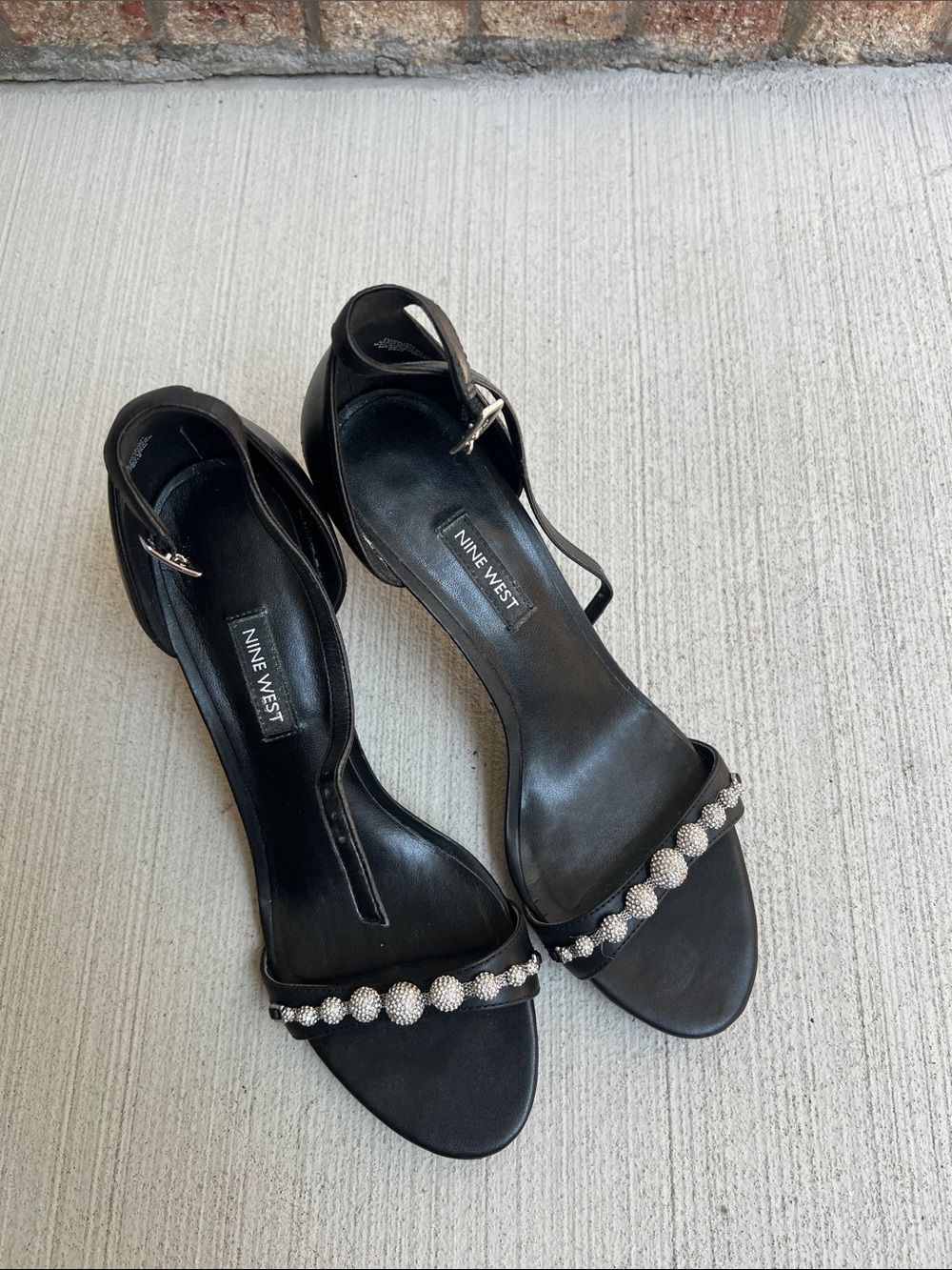 Nine West Allaboard Black Leather Rhinestone-Embellished Ankle-Strap Heels 9